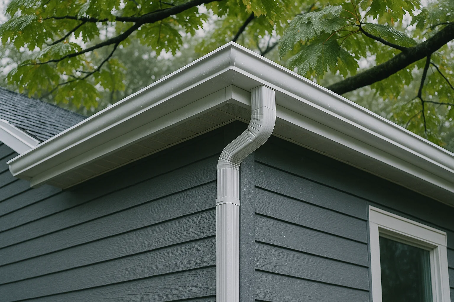 Seamless gutters on a Portland home under a maple canopy in the rain