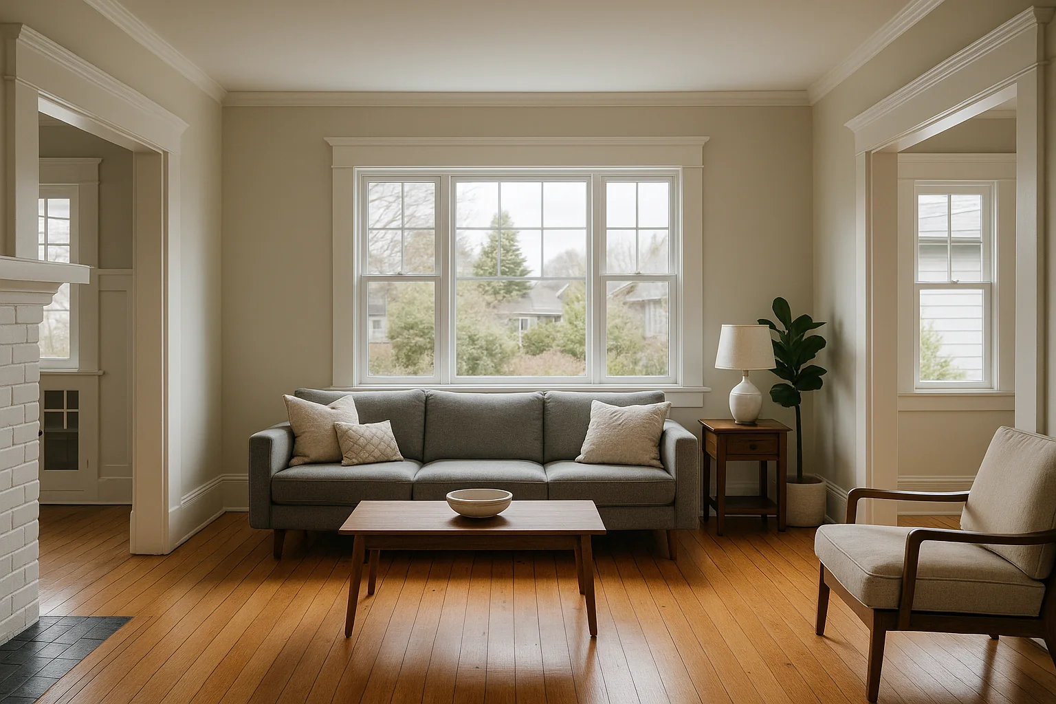 New energy-efficient windows in a bright Portland bungalow living room